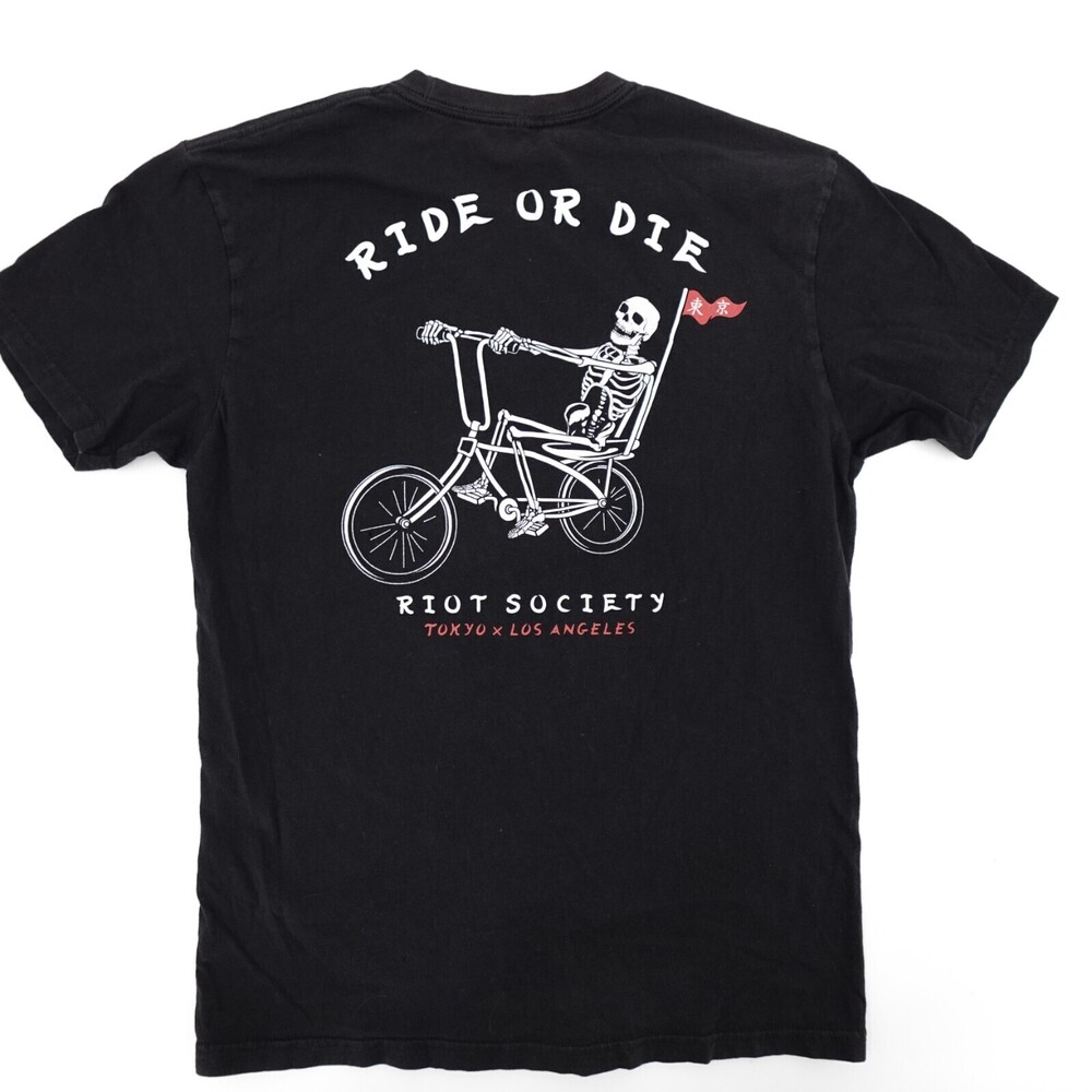 Riot Society Shirt Mens Medium Black Ride or Die Tokyo Los Angeles Skeleton Grap